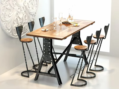 Modern Industrial Dining Table Set With Wooden Top Metal Legs And Six Chairs 3d model