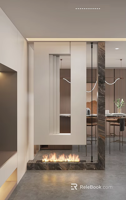 Modern Elegant Dining Living Room Interior With Open Concept Pendant Lights And Dining Table Chairs 3d model 