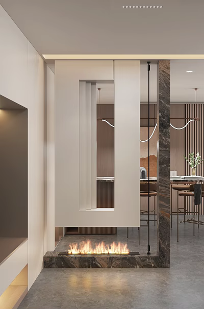 Modern Elegant Dining Living Room Interior With Open Concept Pendant Lights And Dining Table Chairs 3d model