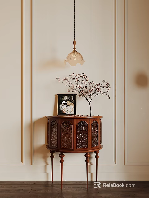 Classic Wooden Entryway Console Table With Carved Details And Decorative Branches 3d model 