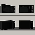Four Modern Kitchen Microwaves Placed On Shelves As Home Appliances