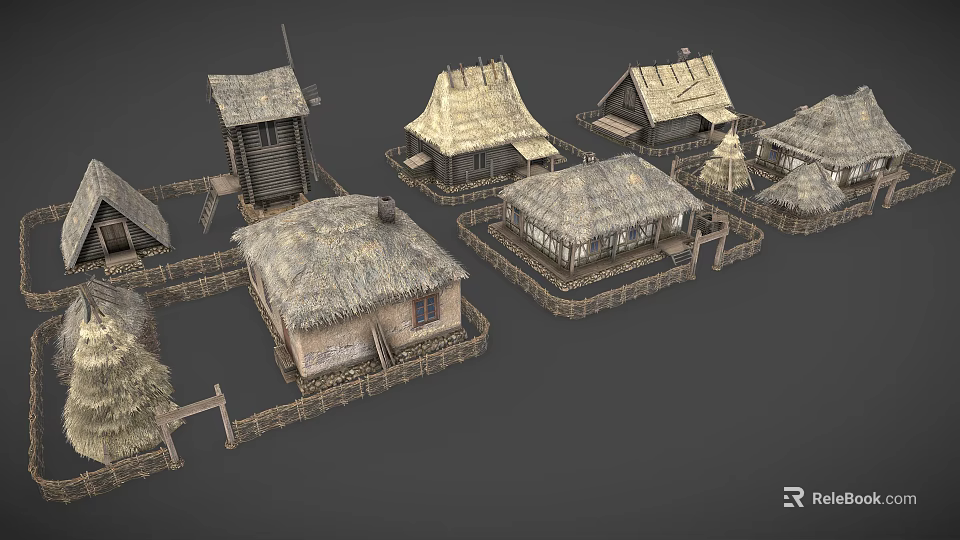 Wooden Houses with Thatched Roofs and Wooden Fences in Rural Setting 3d model 