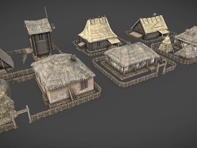 Wooden Houses with Thatched Roofs and Wooden Fences in Rural Setting 3d model