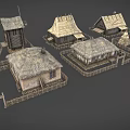 Wooden Houses with Thatched Roofs and Wooden Fences in Rural Setting