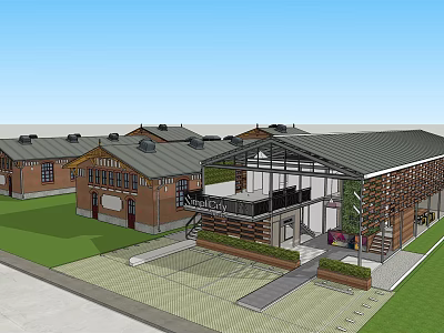 Red Brick Office Building With Modern Glass Facade And Dark Roof Design 3d model