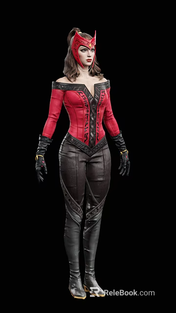 Woman In Red Corset Top With Intricate Designs And Black Leather Pants With Black Gloves 3d model 