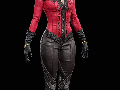 Woman In Red Corset Top With Intricate Designs And Black Leather Pants With Black Gloves 3d model