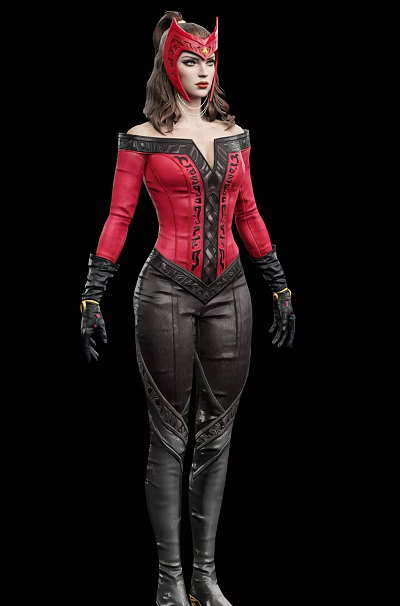Woman In Red Corset Top With Intricate Designs And Black Leather Pants With Black Gloves 3d model