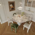 Elegant Round Marble Top Dining Table Set With Green White Chairs Pendant Lamp And Cabinets