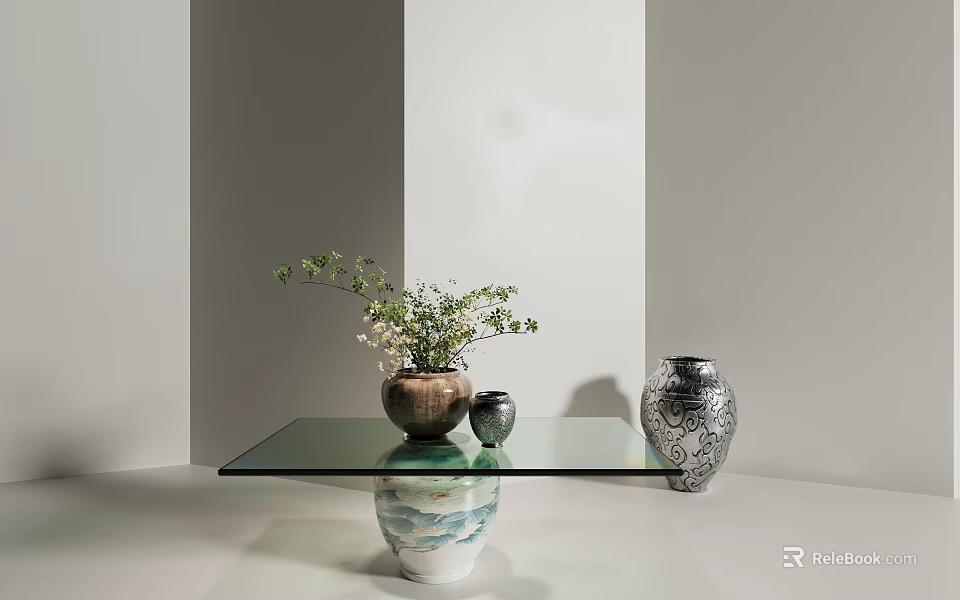 Glass Top Coffee Table Supported by Decorative Vases with Green Plant and Patterned Design 3d model 