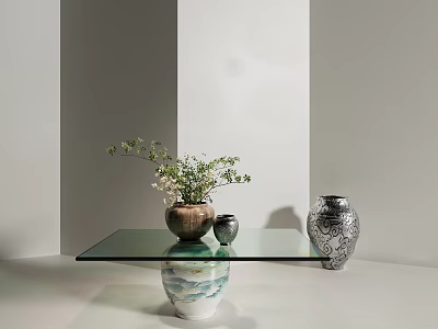 Glass Top Coffee Table Supported by Decorative Vases with Green Plant and Patterned Design 3d model