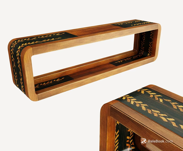 Modern Brown Wooden Landscape Seating with Geometric Frame and Decorative Gold Leaf Patterns 3d model