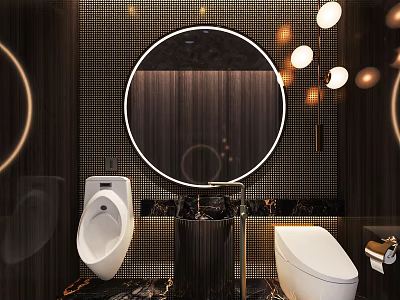 Luxurious Modern Hotel Bathroom Interior Design With Round Mirror Lighting And Toilet Urinal 3d model