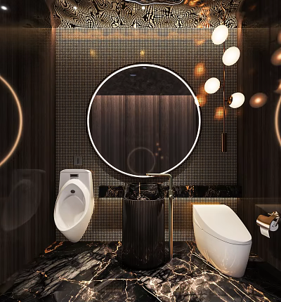 Luxurious Modern Hotel Bathroom Interior Design With Round Mirror Lighting And Toilet Urinal 3d model