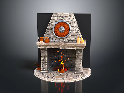 Stone Fireplace Featuring Round Wooden Decoration Mantel With Pots Candles And Burning Fire 3d model