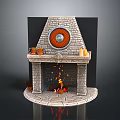 Stone Fireplace Featuring Round Wooden Decoration Mantel With Pots Candles And Burning Fire