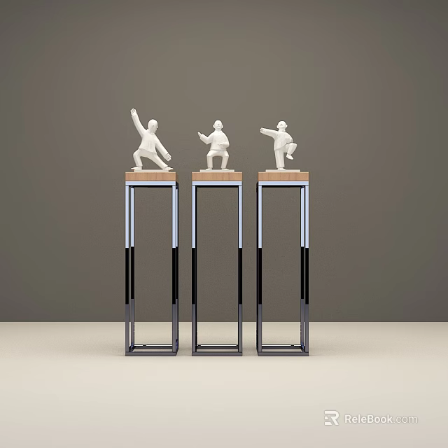 Three White Sporty Sculpture Figurines with Dynamic Poses on Wooden Top Metal Frame Pedestals 3d model 