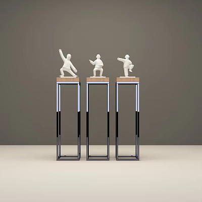Three White Sporty Sculpture Figurines with Dynamic Poses on Wooden Top Metal Frame Pedestals 3d model