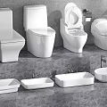 Various Modern Design Toilets With Matching White Washbasins In Bathroom Setting 3d model