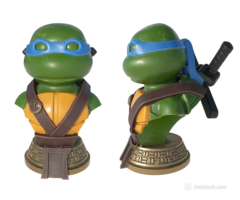 Green Ninja Turtles Decorative Figurine Set With Blue Headbands Yellow Shells Katana And Decorative Bases 3d model 