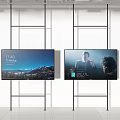 Two Modern Televisions on Stand Displaying Scenic View and People Interaction 3d model
