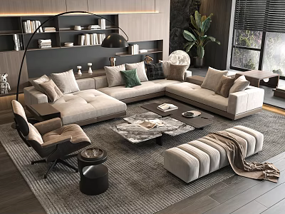 Modern Sofa And Marble Coffee Table Set With Plush Cushions Ottoman Area Rug Floor Lamp And Potted Plant 3d model