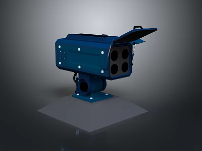 Blue Industrial Device With Multiple Circular Holes And Top Lid On Gray Platform 3d model