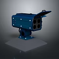 Blue Industrial Device With Multiple Circular Holes And Top Lid On Gray Platform