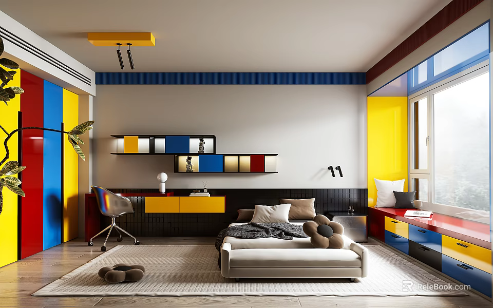 Colorful Modern Bedroom Interior With Yellow Blue Walls Multicolored Shelves Beige Bed And Desk Chair 3d model 