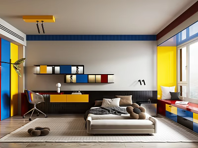 Colorful Modern Bedroom Interior With Yellow Blue Walls Multicolored Shelves Beige Bed And Desk Chair 3d model