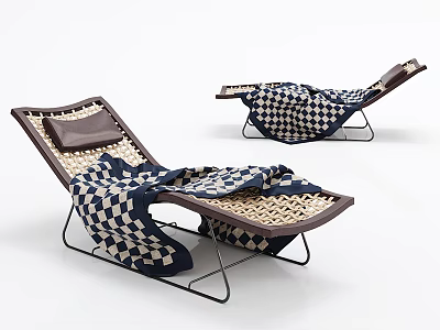Modern Woven Lounge Chairs With Black And White Checkered Blanket And Metal Frame 3d model