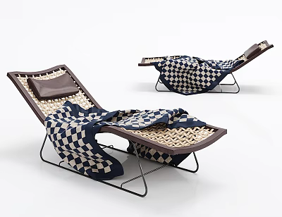 Modern Woven Lounge Chairs With Black And White Checkered Blanket And Metal Frame 3d model