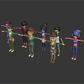 Multiple Cartoon Characters With Different Hairstyles And Various Outfits Standing In A Line Arms Outstretched