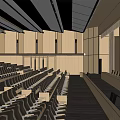 Modern Auditorium Interior With Tiered Seats Wooden Walls Projection Screen And Lectern