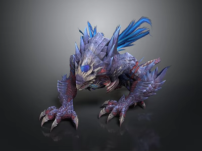 3D Fantasy Creature Model With Blue Mane Purple Scales And Sharp Claws 3d model