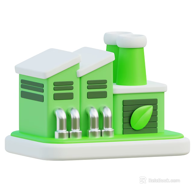Green Industrial Factory Building With Chimney Pipes And Eco Friendly Leaf Symbol 3d model 