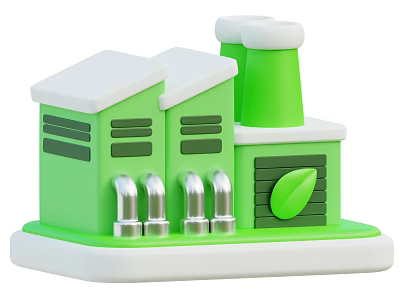 Green Industrial Factory Building With Chimney Pipes And Eco Friendly Leaf Symbol 3d model