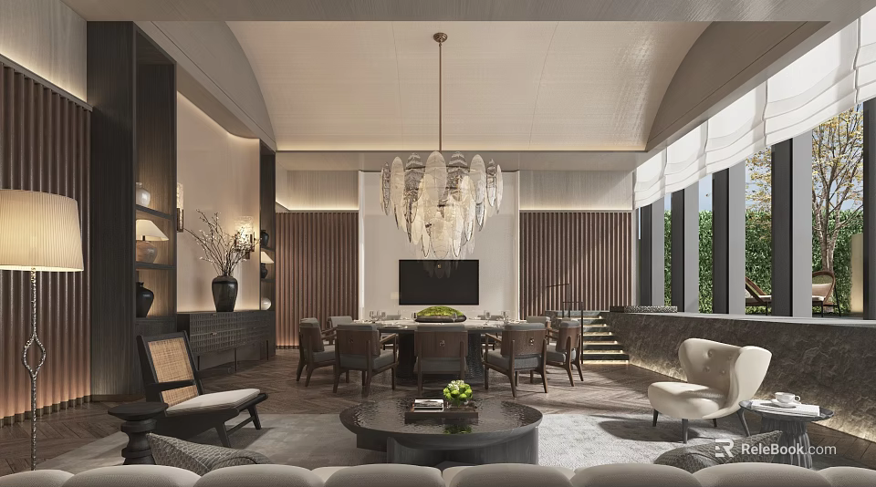 Luxury Private Box Interior With Chandelier Dining Table And Floor to Ceiling Windows 3d model