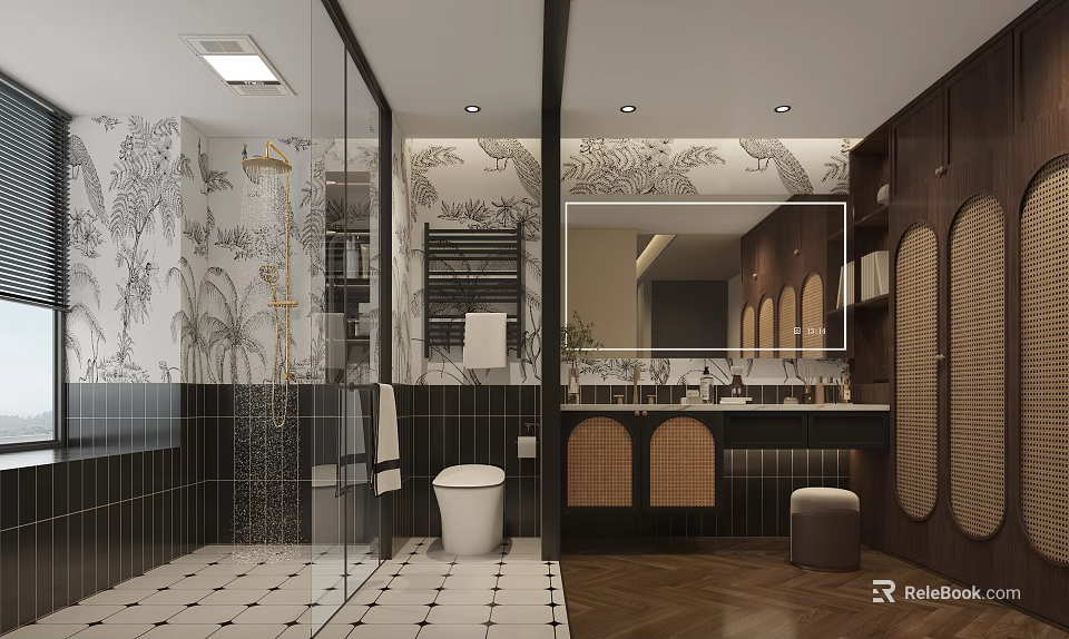 Elegant Retro Bathroom With Rattan Cabinets Glass Shower Partition And Exquisite Art Wallpaper Interior Design 3d model 