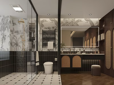 Elegant Retro Bathroom With Rattan Cabinets Glass Shower Partition And Exquisite Art Wallpaper Interior Design 3d model
