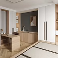 Modern Tatami Bedroom Interior Design With Wooden Writing Desk Storage Cabinets And Herringbone Flooring