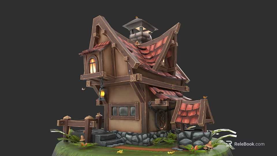 Single-family Villa With Red Tile Roof Wooden Structure Stone Wall Steps And Green Plants 3d model 