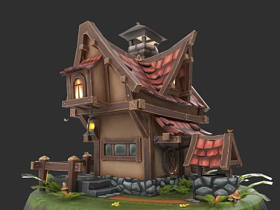 Single-family Villa With Red Tile Roof Wooden Structure Stone Wall Steps And Green Plants 3d model