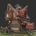 Single-family Villa With Red Tile Roof Wooden Structure Stone Wall Steps And Green Plants