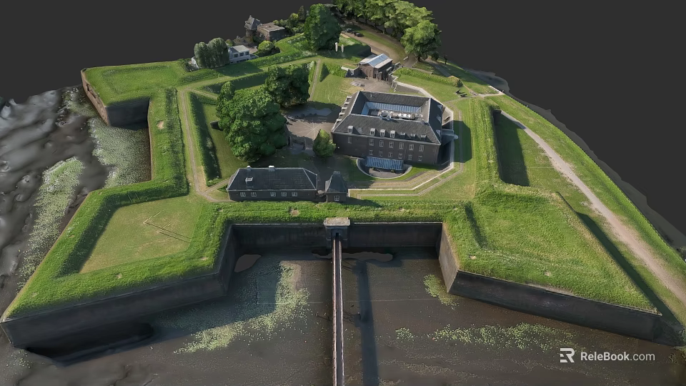 Historic Fortress City Architecture With Green Grass Water Moat And Stone Walls 3d model 