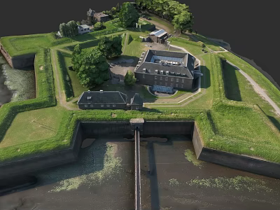 Historic Fortress City Architecture With Green Grass Water Moat And Stone Walls 3d model