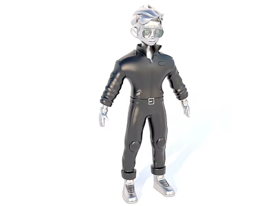 Futuristic 3D Male Model In Black Jumpsuit With Silver Hair And Glasses 3d model