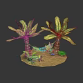 Cartoon Scene Featuring Two Palm Trees Hammock Small Plants And Flowers On Island