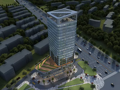 Aerial Planning of Modern Skyscraper with Surrounding Low Rise Buildings Roads and Greenery 3d model