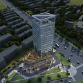Aerial Planning of Modern Skyscraper with Surrounding Low Rise Buildings Roads and Greenery